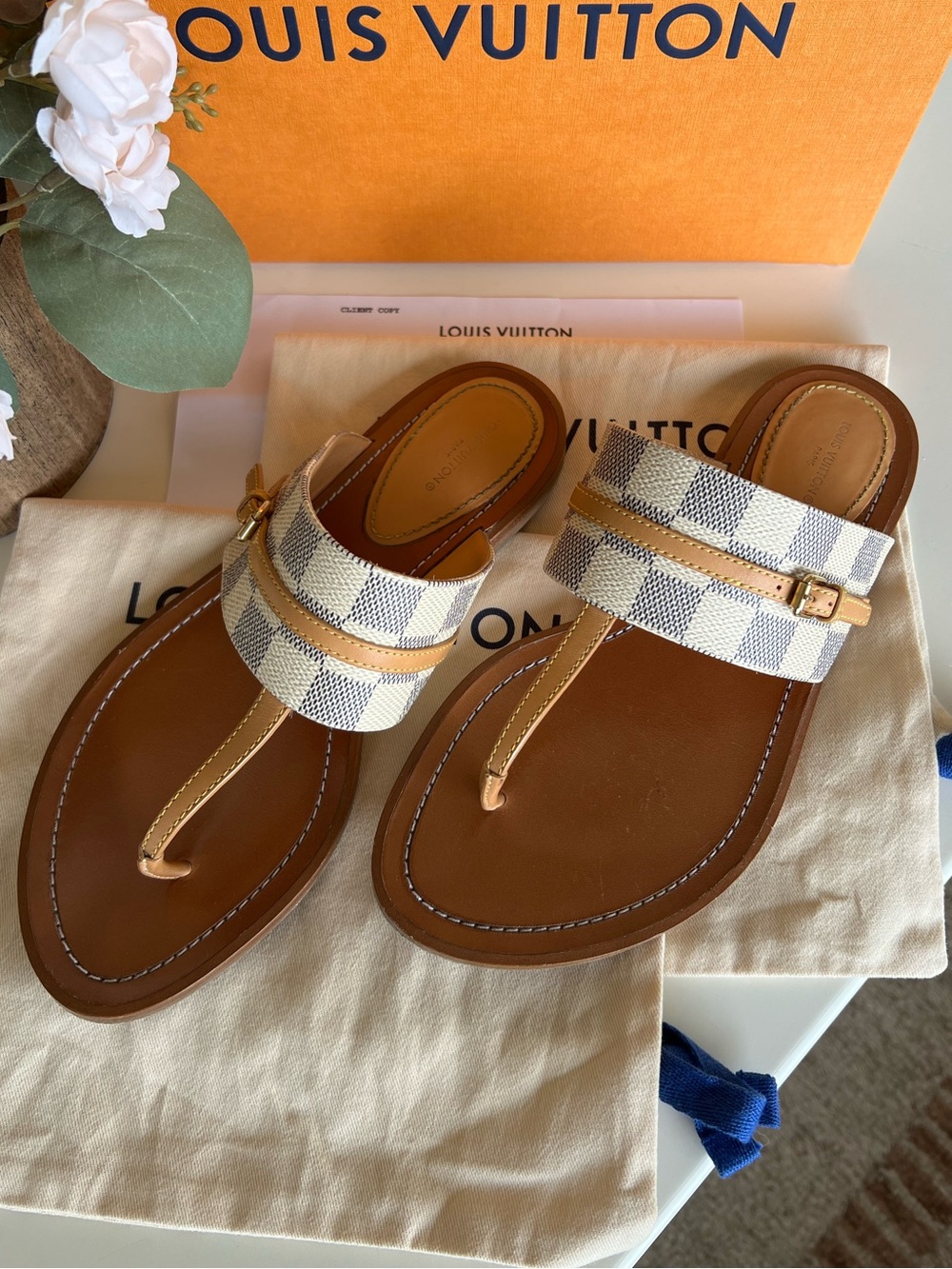 LOUIS VUITTON Palma Flat Thong Dandalnin Damier Azur 🌸 size 38 (7.5-8)